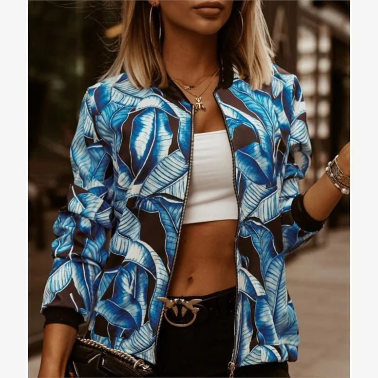 

Slim Fit Long Sve Print ort Jaet Женская мода Осень Зима Новый Sle Wi Commute Sle круглый Ne Застежка-молния