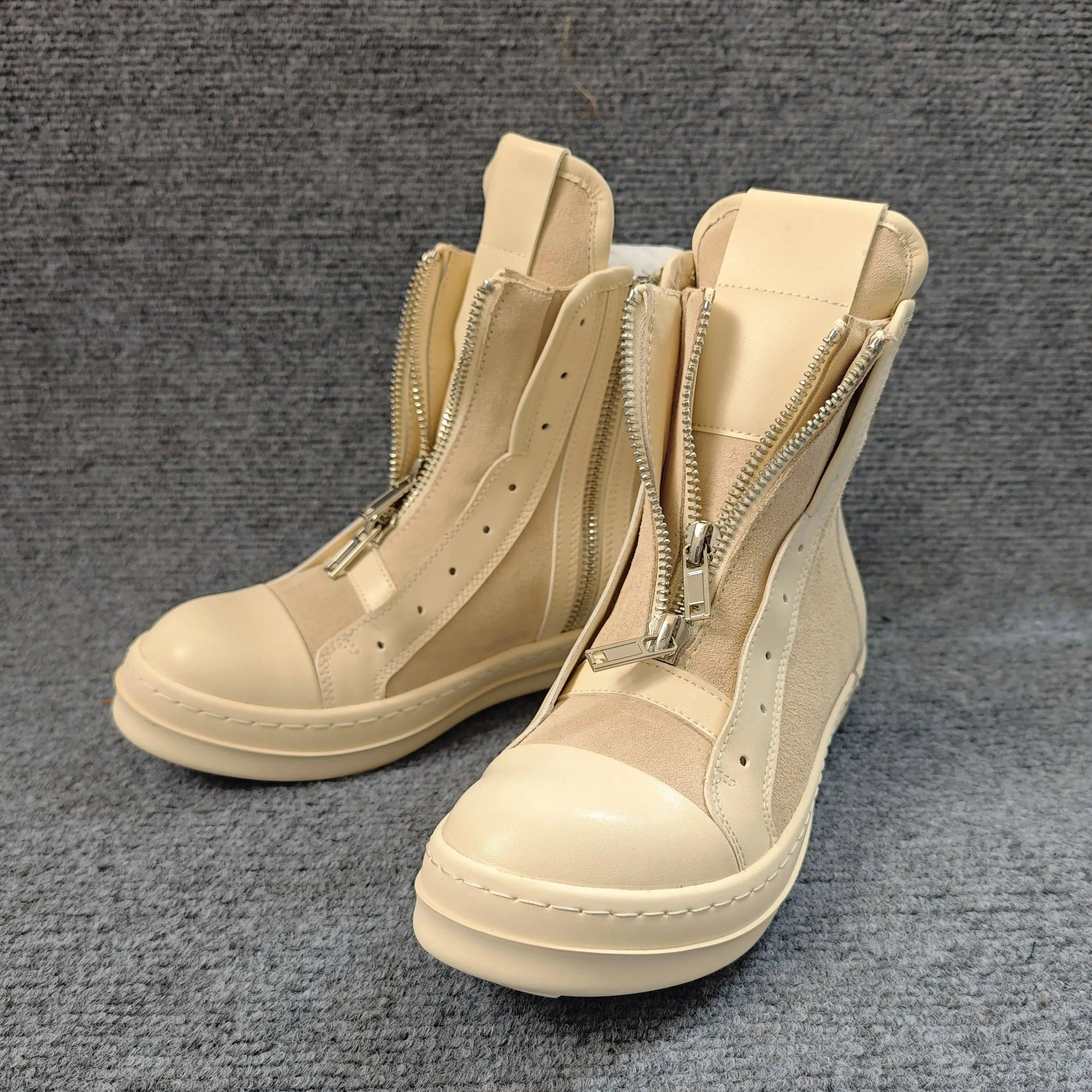 2026 New Arriva Genuine Leather Splicing Sneakers, Double Zipper High Top Thick Sole HeightUp Couple Dark Style Ankle Boots