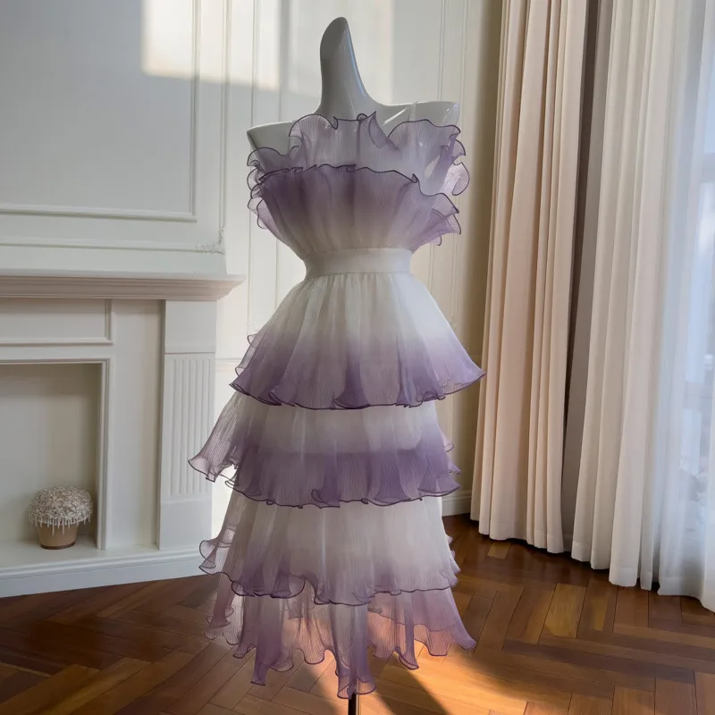 QMQA Fashion Women's Gradient Purple Strapless Dress Spliced Color Matching Pleated Cake Dresses 2025 New Elegant Clothing QM14