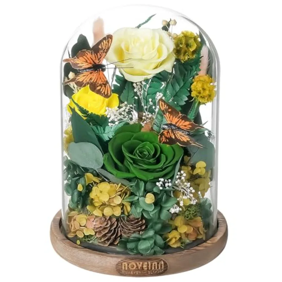 

NOVEINN Preserved Flowers in Glass Dome - Eternal Rose Arrangement with Real Preserved Plants Romantic Forever Rose Gift for Wo