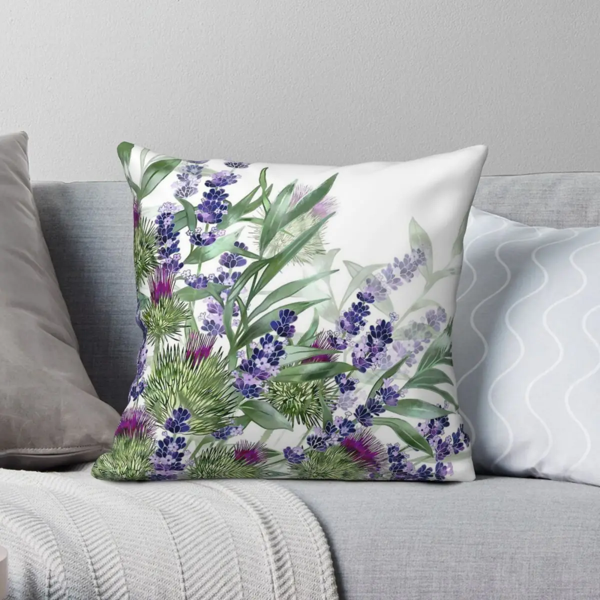 Thistles Lavender Square Pillowcase Polyester Linen Velvet Printed Zip Decor Pillow Case Car Cushion Cover 18