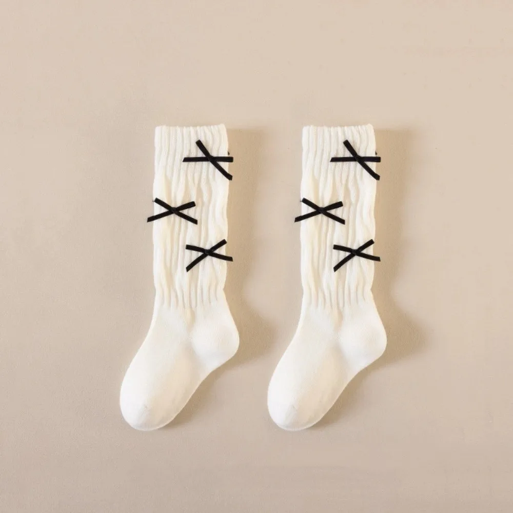 

Warm Solid Color Long Girls Socks Sweet Bow Breathable Pile-up Socks Korean Style Long Sock 1-5 Year