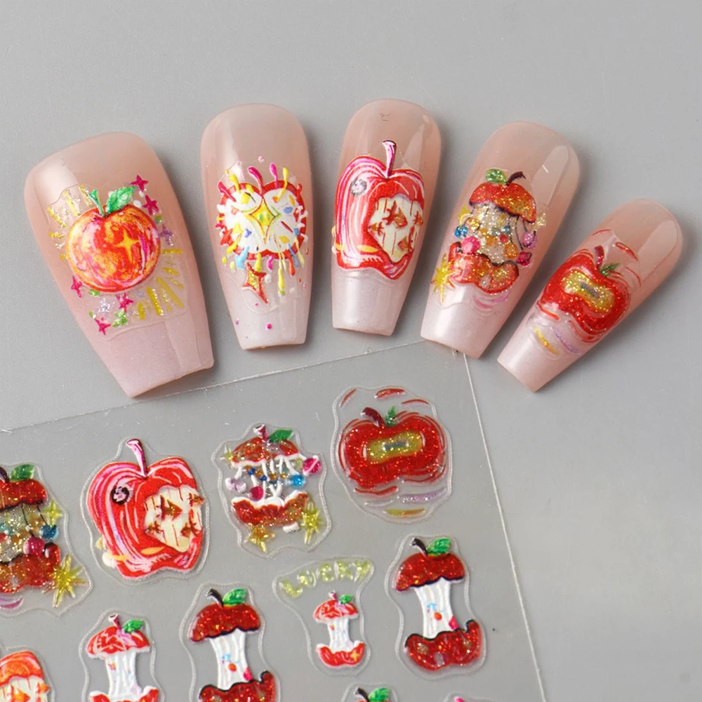 1 قطعة 5D تنقش أبل الألعاب النارية مسمار ملصقات Kawaii التفاح الأساسية ذاتية اللصق مسمار ملصق مائي عيد الميلاد مهرجان الفاكهة مسمار المتزلجون #2