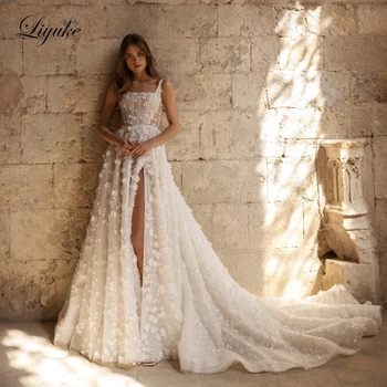 Liyuke Luxury Lace A-Line Wedding Dress Beading Pearls 3D Embroidery Square Collar Spaghetti Straps Bridal Gowns
