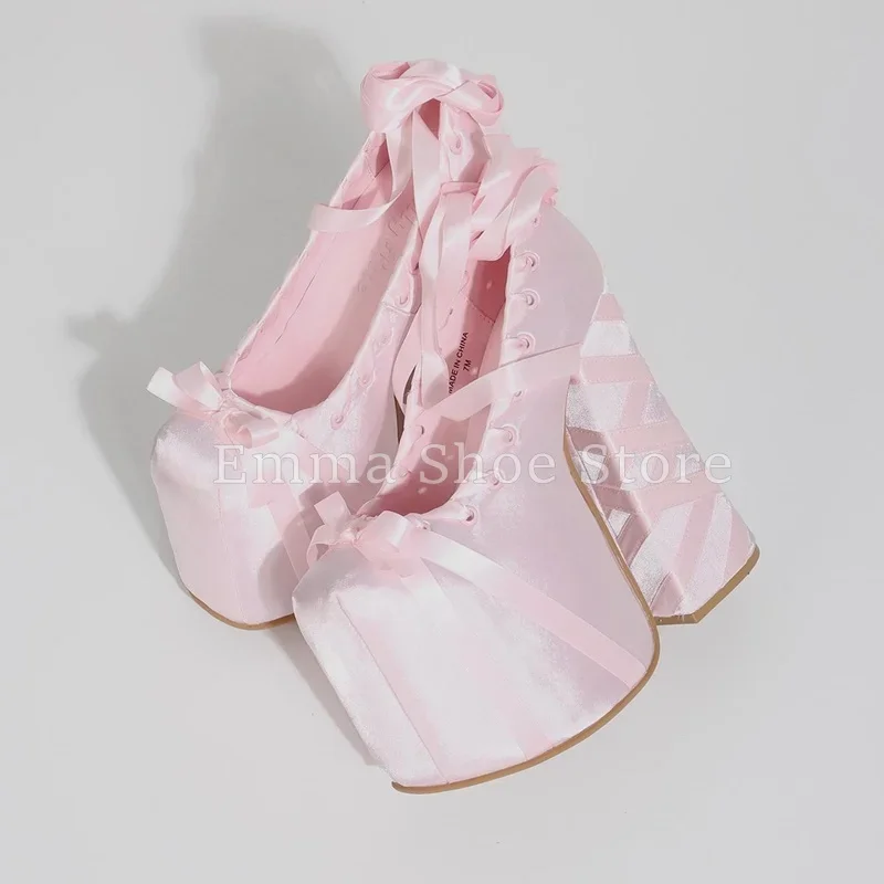 Women's Blue Satin Platform Pumps Cross Straps Chunky Heels Bowtie Dance Shoes Trendy Thick Bottom Girls Lolita Court Shoes