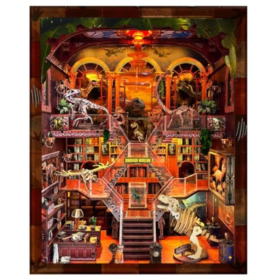 

DIY Wooden Puzzle with Night Light Miniature House Kits Stunning Bookshelf Insert Decor in Dinosaur Museum Theme Perfect for Ho