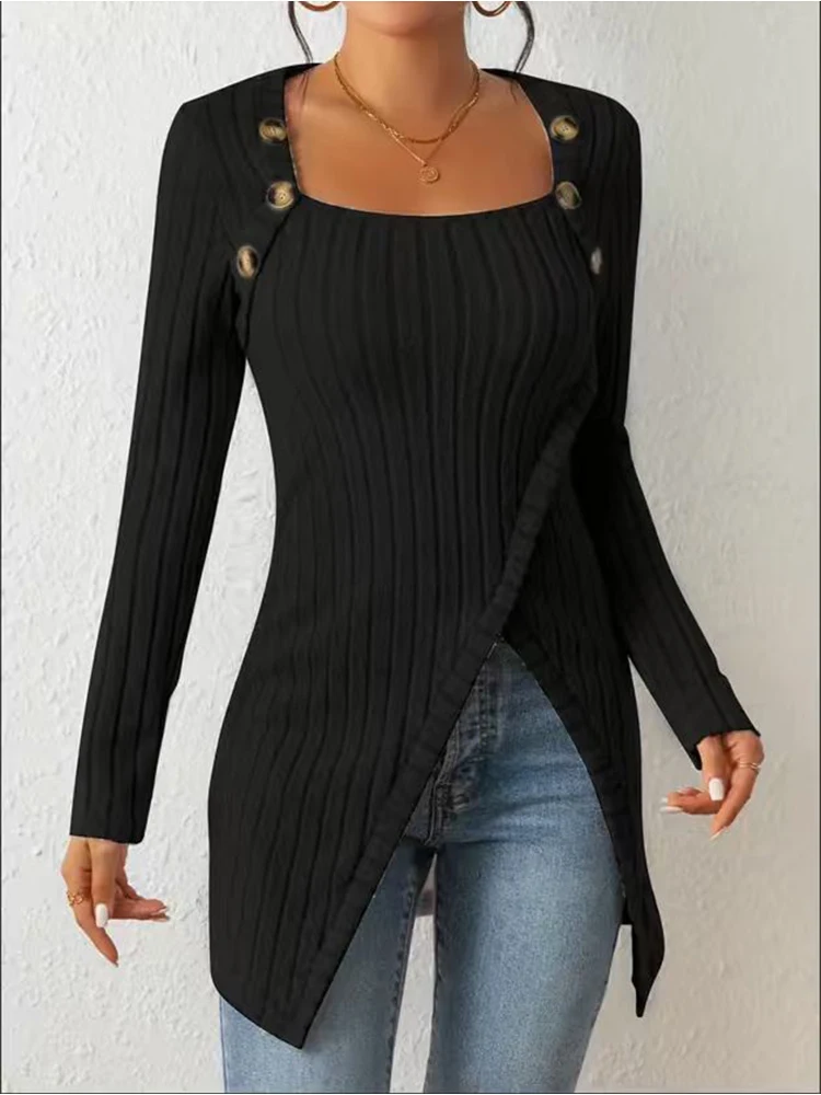 

Square collar slim knitted buttons decorative slit casual long-sleeved T-shirt