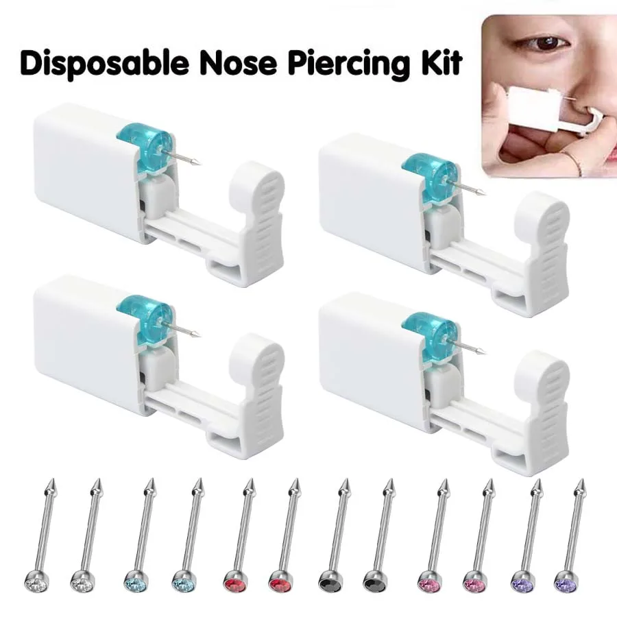 Kit de perçage du nez auto-hypoallergénique, pistolet de perçage du nez jetable avec goujons de nez intégrés, 4 pièces