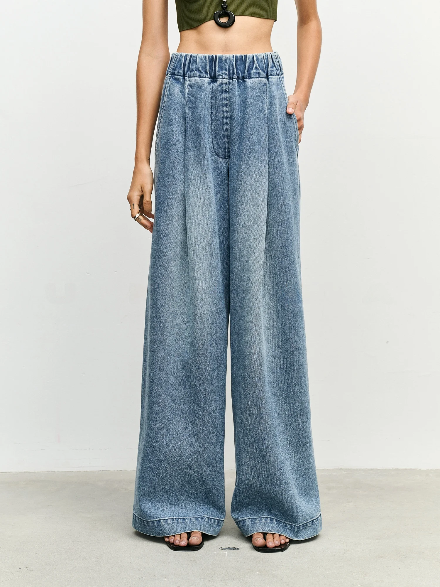 

Удобные воздушные широкие джинсы из хлопка с эластичной резинкой на талии, свободный крой, повседневный крой для женщин летом, глубокие и легкие C...