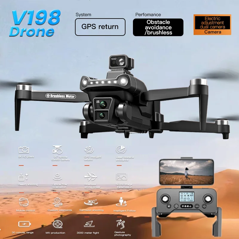 NOWY V198 Drone GPS 8K Professional z kamerą HD 5G WIFI FPV Bezszczotkowy quadcopter Unikanie przeszkód Automatyczny powrót RC Dron