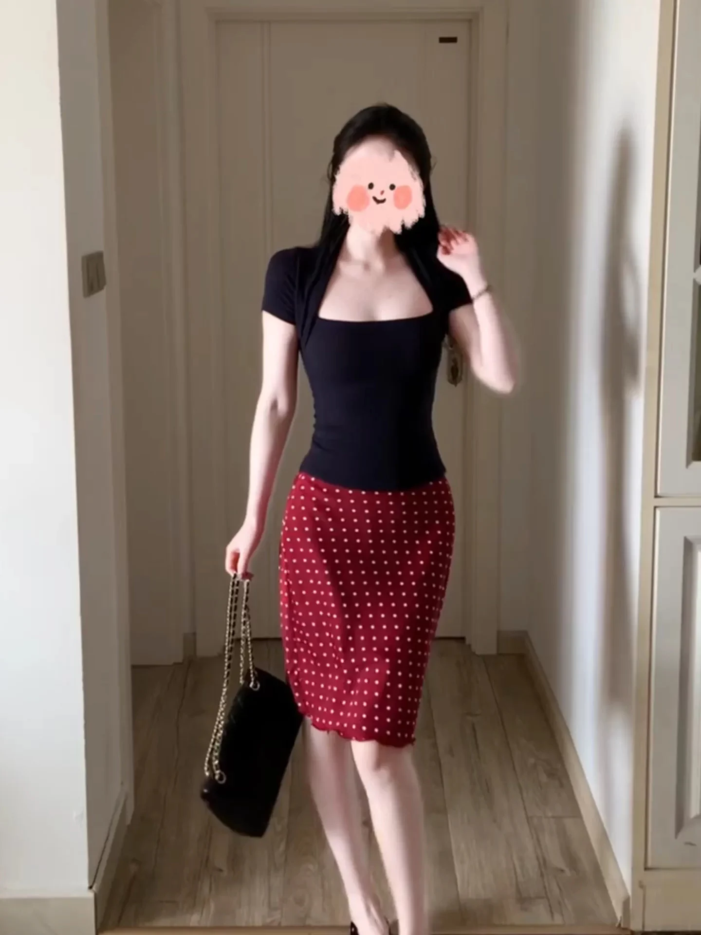 

XZY Korean Style Slim Fit Short Sleeve Square Collar Summer Red Polka Dot Skirt Set Women's plus Size Fashion Ensemble