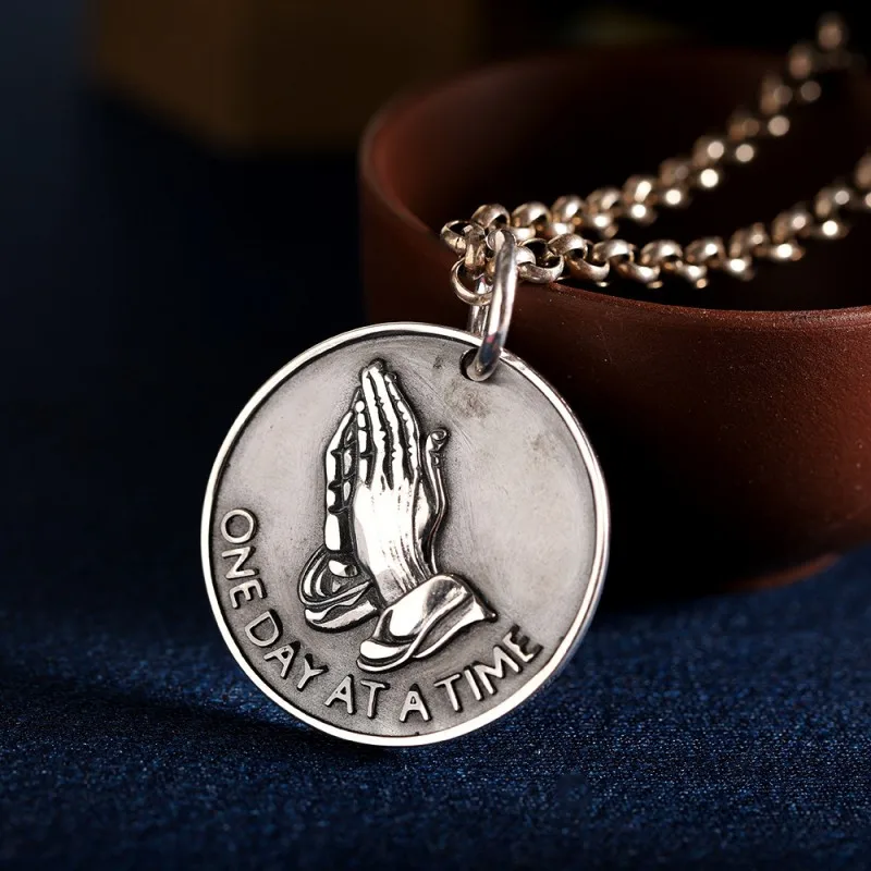 BOCAI New 100% S925 Silver Vintage Fashion Round Pendant Personality Prayer Hand Letters Men and Women Pendant