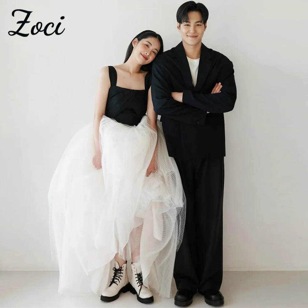 

Zoci Unique Black White Korea Wedding Dresses A Line Wide Straps Photos Shoot Party Dress Floor Lace Up Bridal Gown Customized