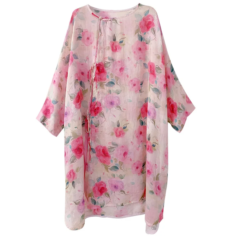 Jurk Dames Ronde Hals Roze High-End Bloemenprint Zomer Dunne Artistieke Retro Losse Katoen En Linnen Halflange Theekleding 1Pc