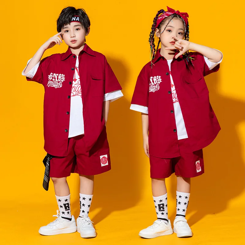 Kid Cool Hip Hop Clothing Letters Red Shirt Top Wide Casual Street Summer Shorts for Girls Boys Jazz Dance Costume Clothes Set