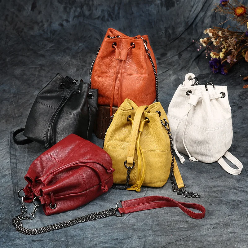 Schouder Dames Crossbody Handtas Mini Emmer Ketting Echt Lederen Mode Y 2K Draagtas Retro Veelzijdige Hand Met Hoge Capaciteit