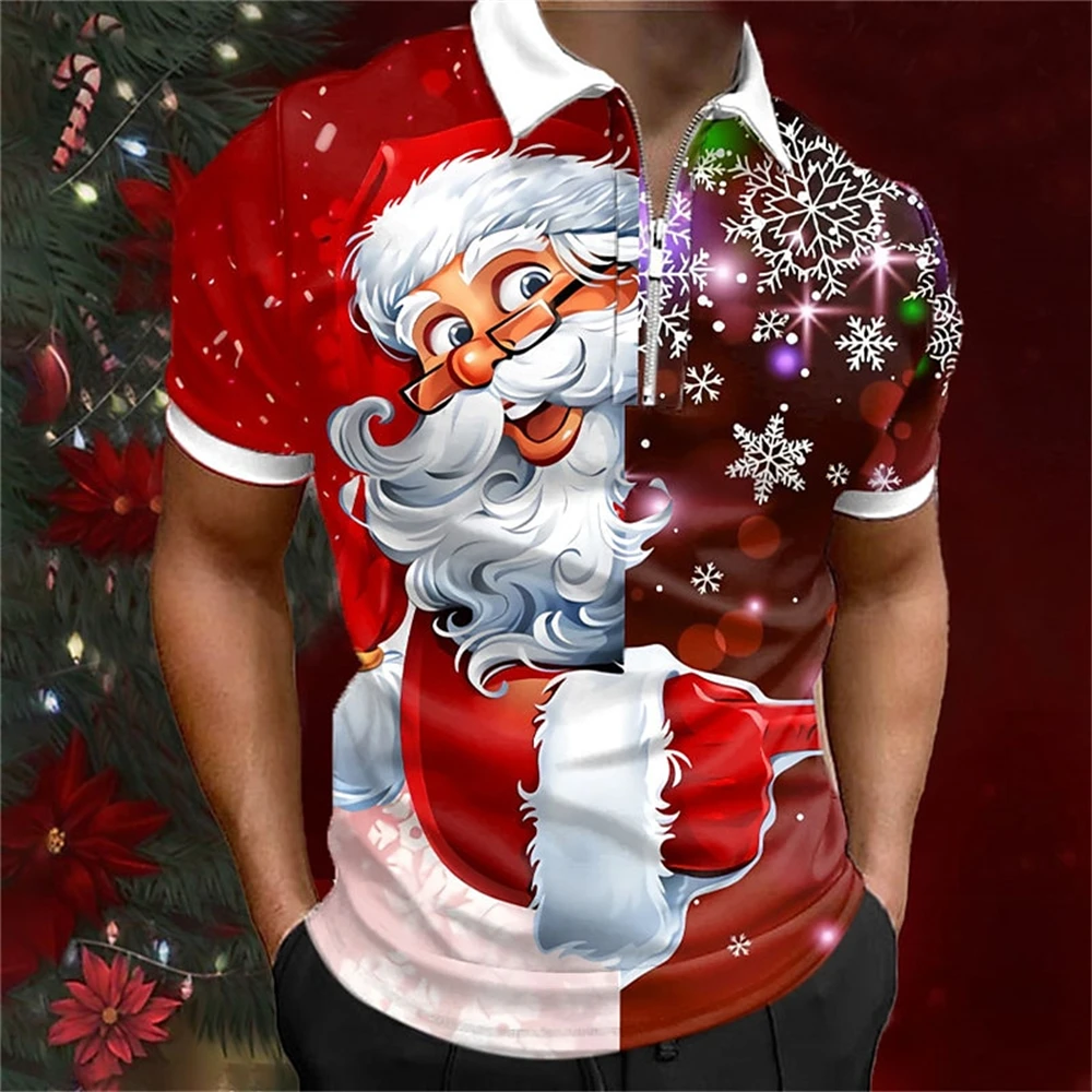 Santa Claus Print Men's Polo Shirts Christmas T-Shirt Festival Casual Zip Short Sleeve Tops Oversized Polo T-Shirt Men Clothing