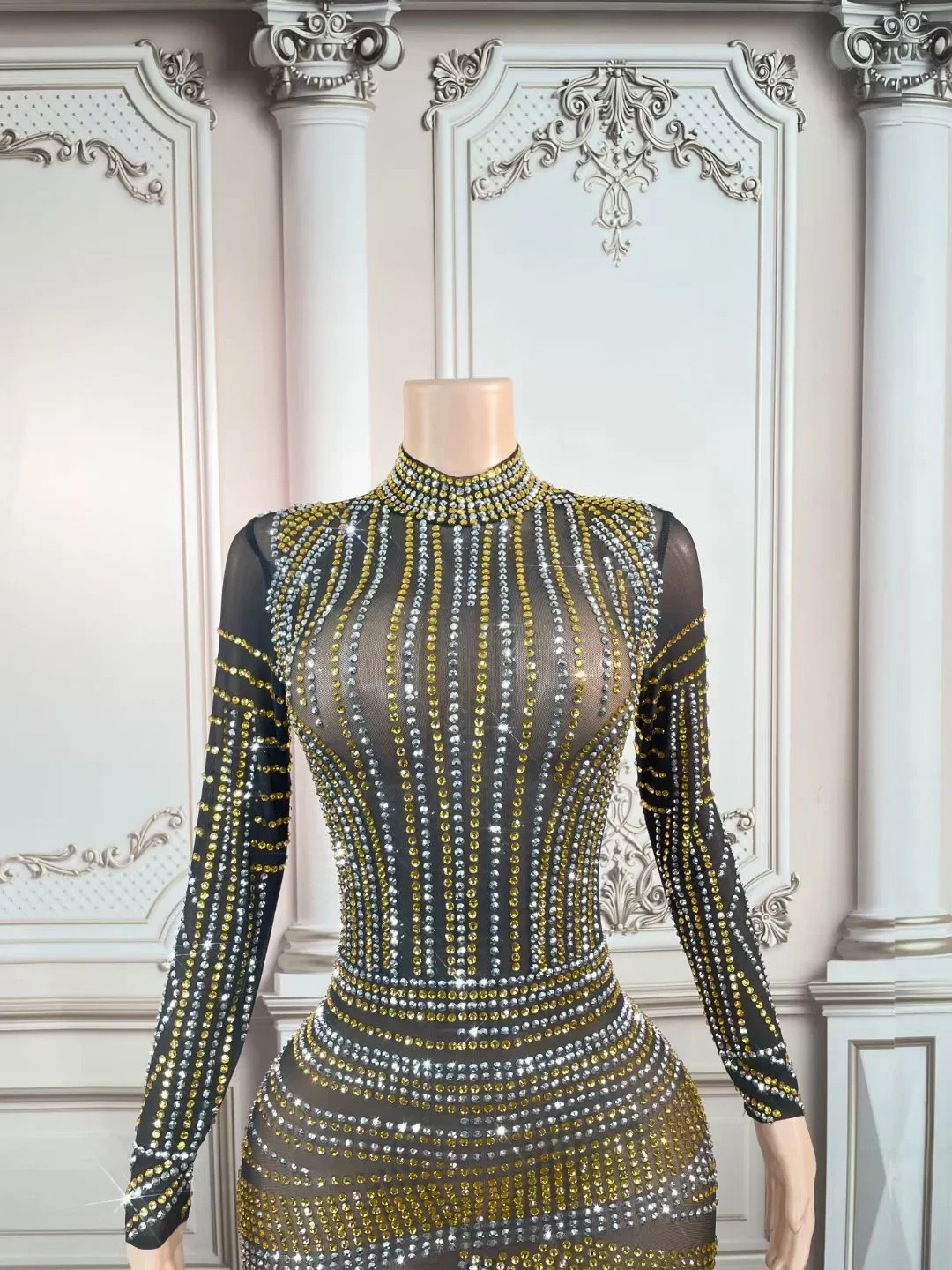 Frauen Gaze Glänzende Kleid Strass Sexy Lange Ärmel Mantel Für Nachtclub Party Sänger Prom Bühne Drag Queen 2026 Kostüme