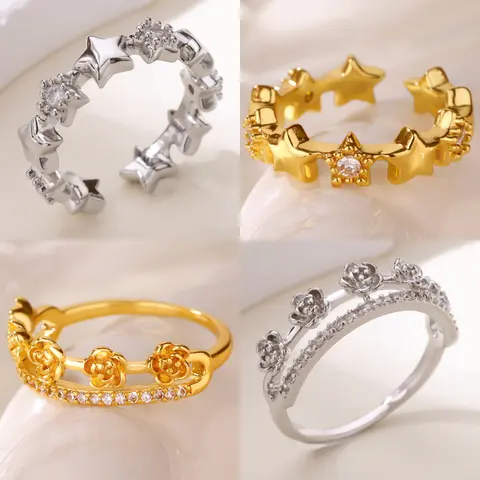 Dainty 3D Bubble Stars Rose Stainless Steel Ring Gold Color Anti Fading Rings Women Wedding Jewelry Vacation Accessories Gifts