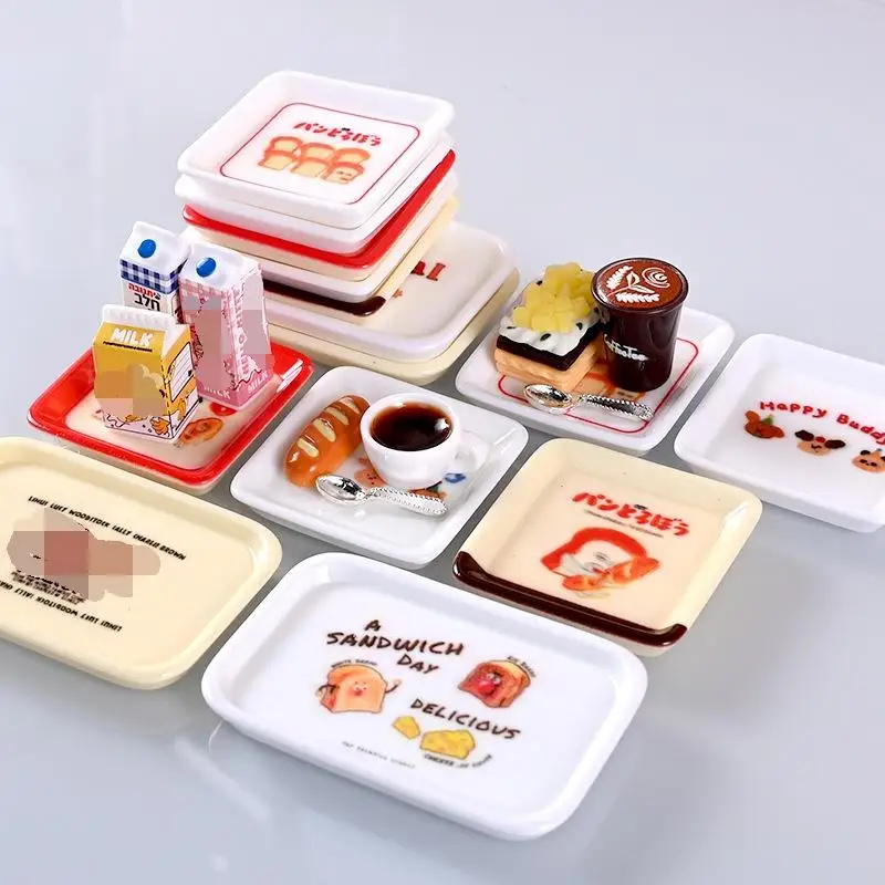 10 ชิ้น 1/12 ตุ๊กตาการ์ตูนมินิถาดจานชุดตุ๊กตาจําลองตกแต่งห้องครัวของเล่นเด็กแกล้งทําเป็นเล่นของเล่น