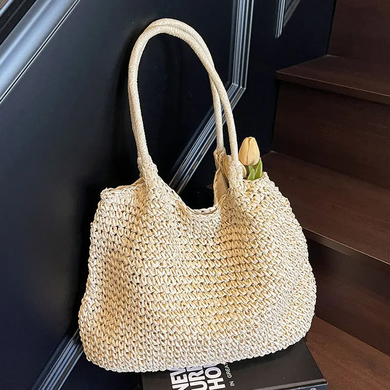 Women Straw Bag Tote Handbag Large Capacity Vintage Shoulder Bag Solid Color Simple Weaving Handbag Ladies Summer Daily Bag