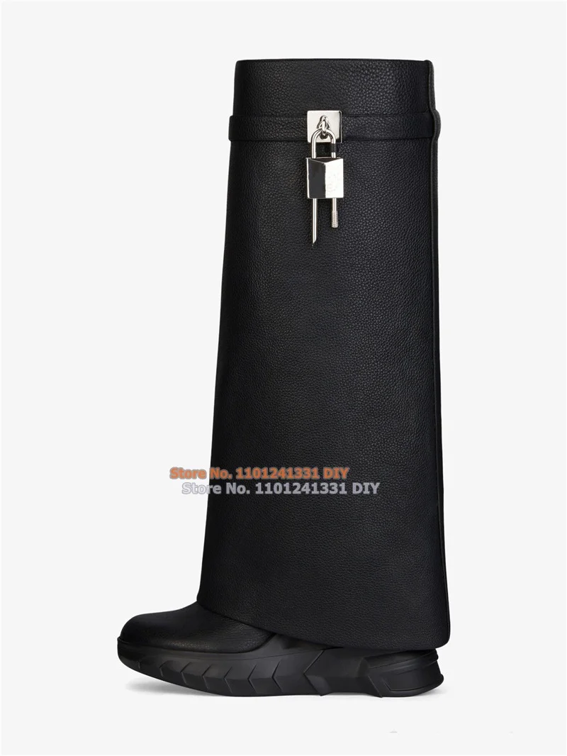 Shark Lock Biker Boots Plain Round To Pocket Knee High Boots Women Metal Clasp Silver Finish Pad Locks Platform Long Boots