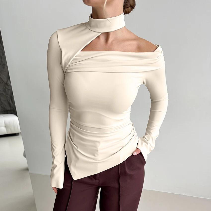 

Linad Elegant Apricot Hollow Out Tees Female Street Chic Knit Turtleneck T Shirts Female 2026 Spring Casual Long Sleeve Slim Top