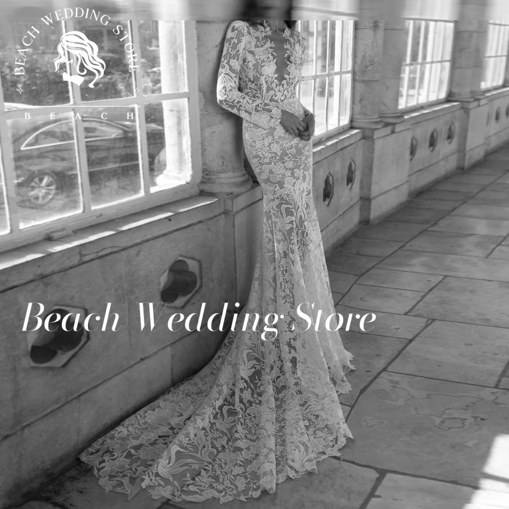 Beach CustomizedLong Sleevs Lace Sweep Train Floor Length Luxury Backless Mermaid Elgant Fairy Garden Wedding Dress High quality