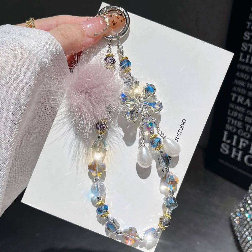 Cute Phone Lanyard Phone Chain Beaded Bracelet Short Style Wrist Strap Women Butterfly Woolen ball Crystal phone charm strap