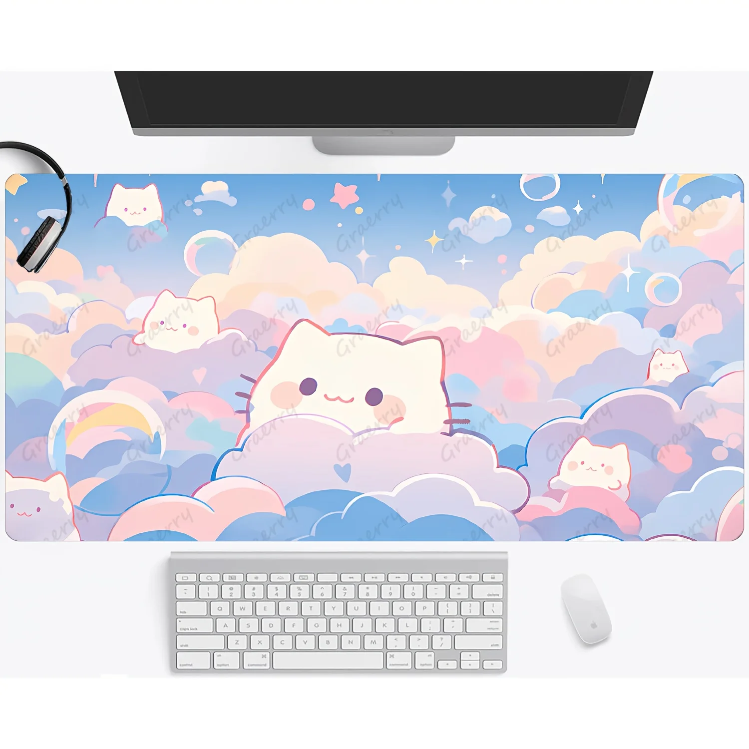 

1pc Kawaii Cat Cloud Hello World Gaming Mouse Pad & Desk Mat - Large Ultra-Smooth Surface, Stitched Edges, Non-Slip Rubber Base,