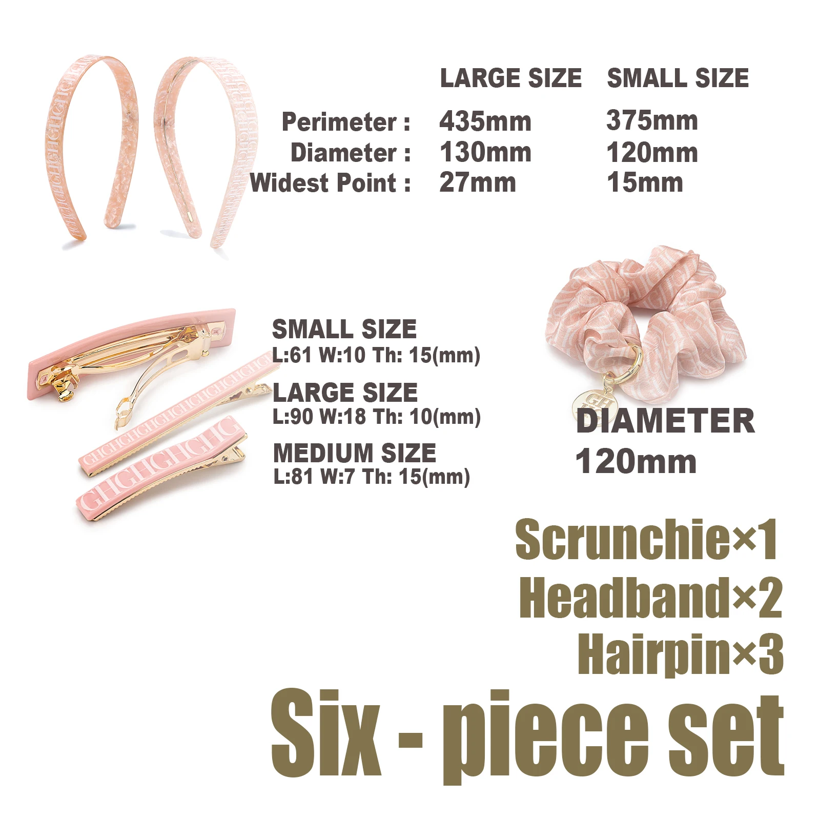 Women Pink Hair Accessories Set 6Pcs Scrunchies Headbands Hair Clips Letter Pattern Multi Size Daily Casual With Gift Box