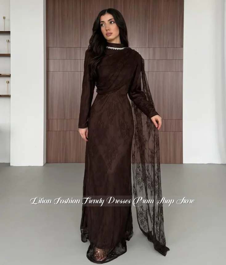 

Customized Long Sleeve Lace Evening Gown Formal Middle Eastern Ball Gwon Muslim Wedding Party Dress