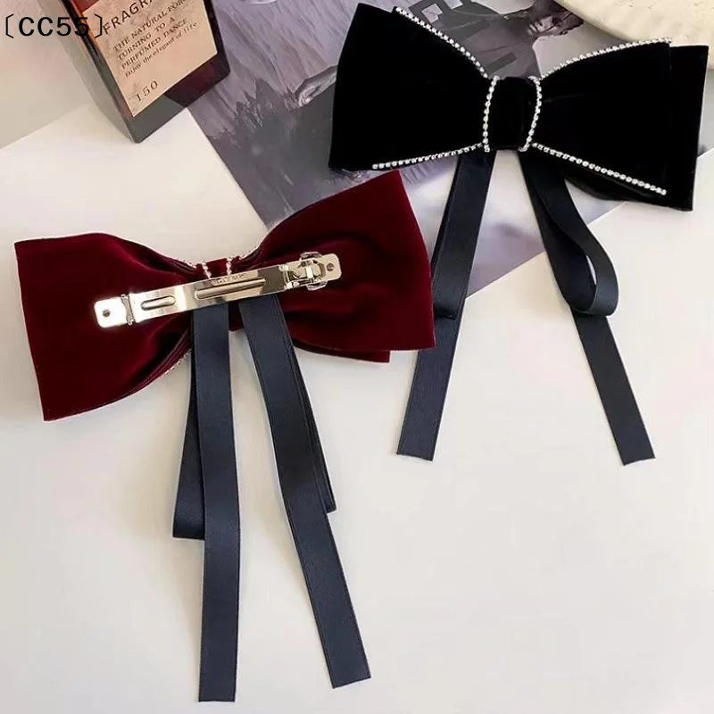 

Retro Rhinestone Velvet Bow Ribbon Hairpin For Woman Temperament Back Of The Head Hair Clips New Year Hair Accessories〔CC55〕
