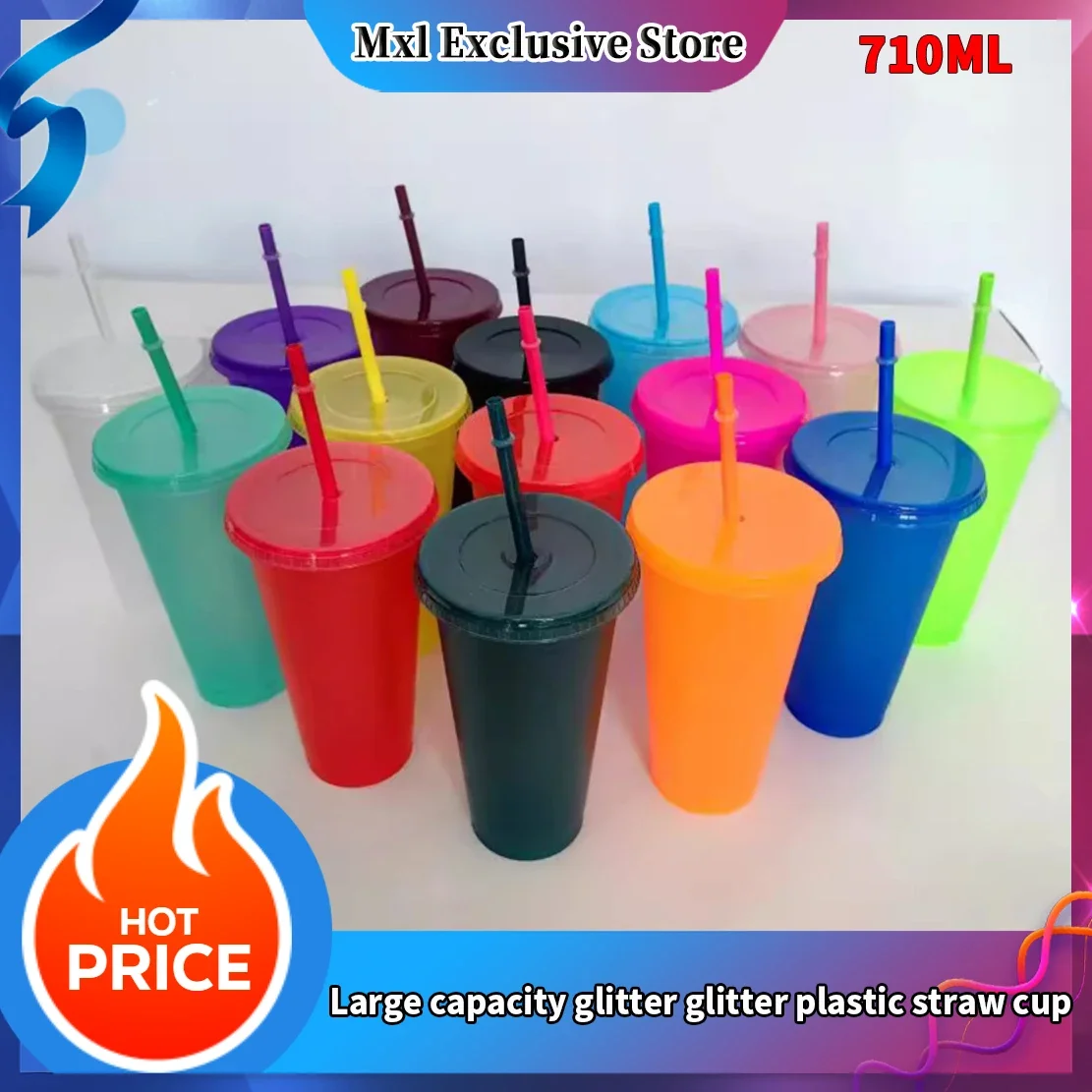 24OZ 710ML glitter straw cup large capacity PP single-layer plastic cup 710ml glitter beverage mug with straw