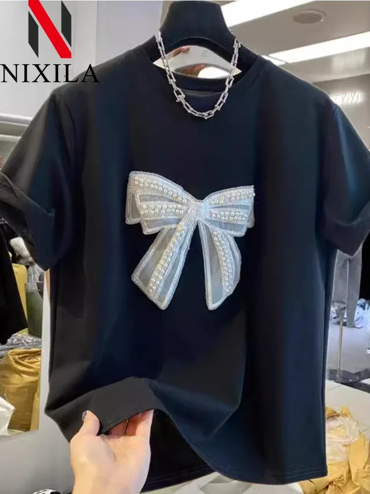 New in Summer Knit Elegant Women\'s T-shirt Pearl Bow O Neck Oversize Short Sleeved Tops Loose Korean Fashion Female Clothing