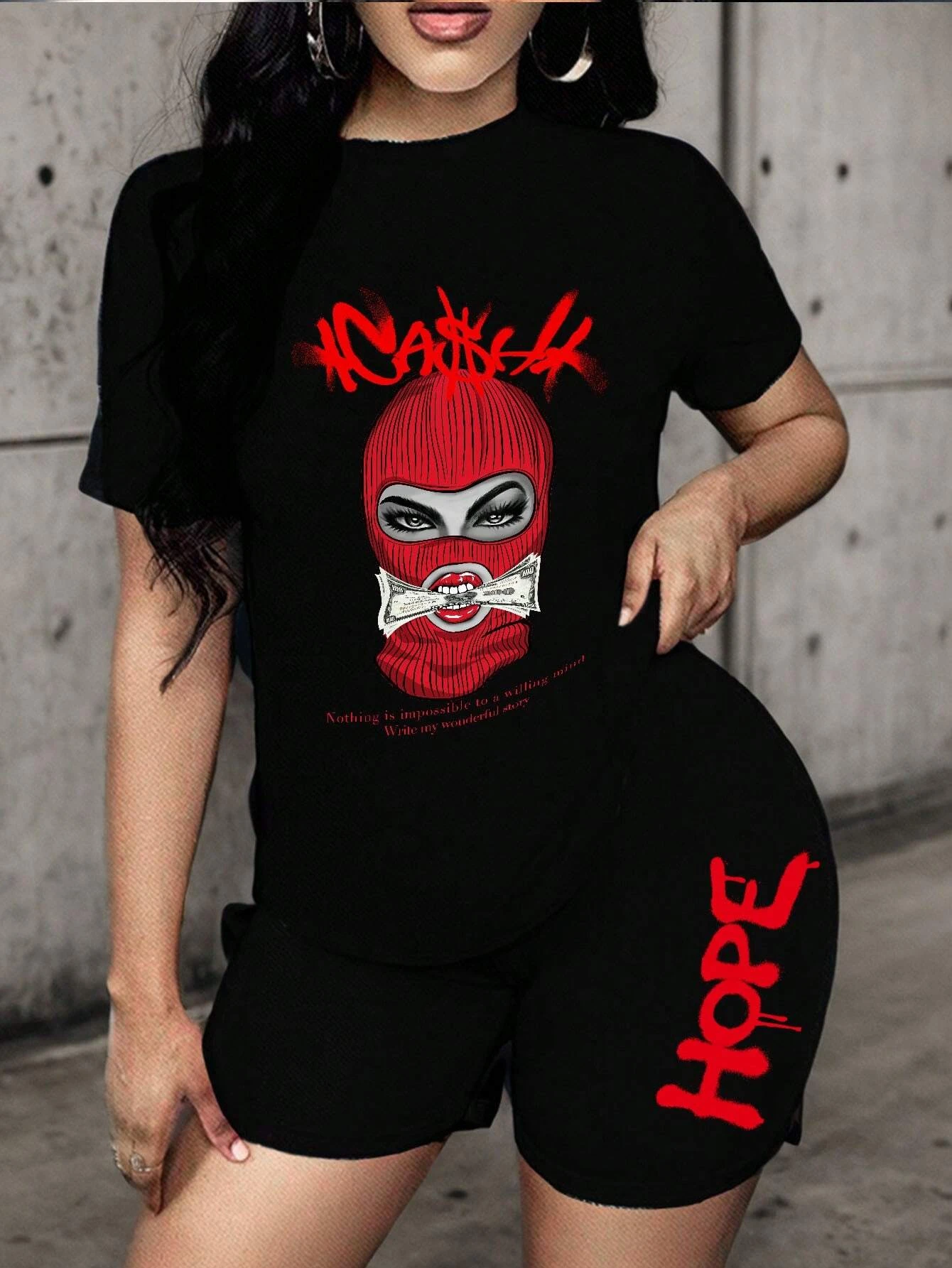 A Lady Wearing Mask Print Women T Shirts Two Piece Set Fashion Novel Hip HopShort Sets Breathable Soft New Shirt Shorts Female