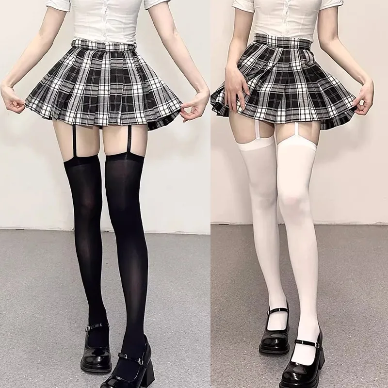 

Woman Sexy Suspender Wide-banded Velvet Tights Lolita Thin High Stockings Y2K JK College Style Black White Over The Knee Socks