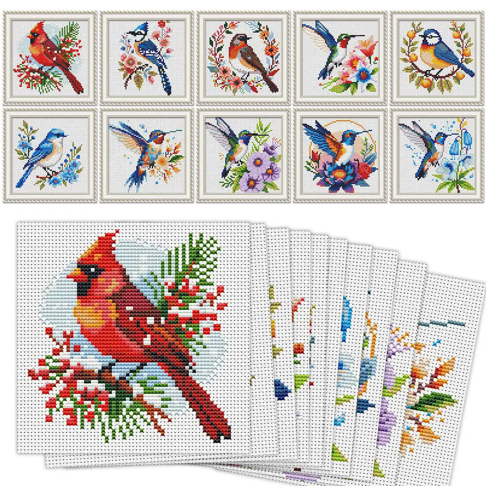 EverShine 10Pcs Cross Stitch Kit Bird DIY Embroidery Flower Animal 11CT Printed Canvas Entry Level Sewing Crafts Christmas Gift