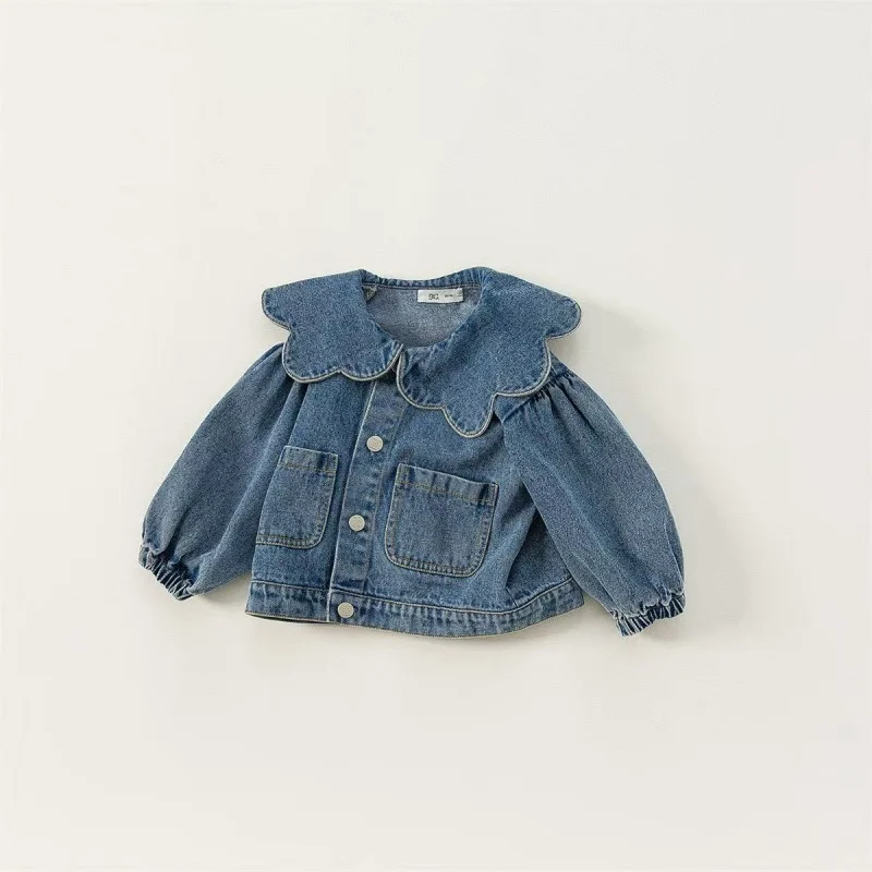 

Girls' Denim Ruffle Collar Jacket Trendy Autumn Top Washed Denim with Large Wave Collar Design Children's Fashion Outerwear