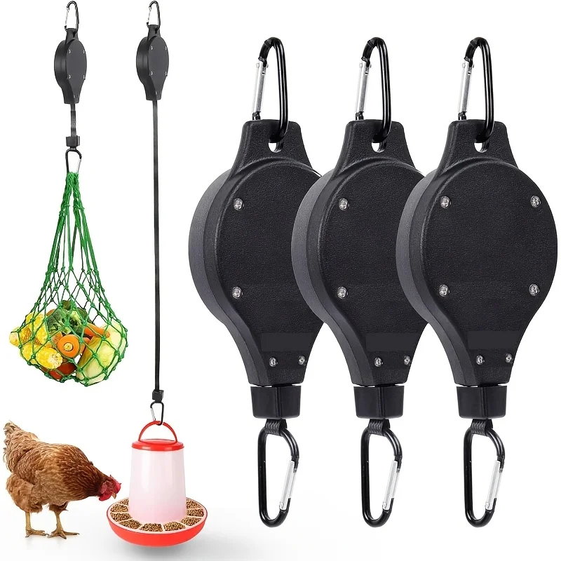 3-Pack Adjustable Retractable Pulley Hanger, Chicken Feeder Hanging System with Plant Hook for Coop & Garden