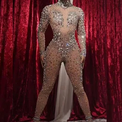 Women Sexy Stage Big Pearls Rhinestones Stretchy Transparent Jumpsuit Evening Birthday Celebrate Outfit Sexy Dancer Bodysuit