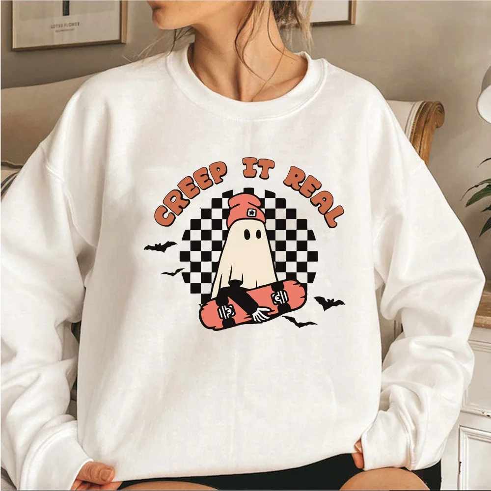 Creep It Real Sweatshirt Retro Halloween Hoodie Retro Ghost Sweatshirt Women's Graphic Hoodies Long Sleeve Spooky Season Tops