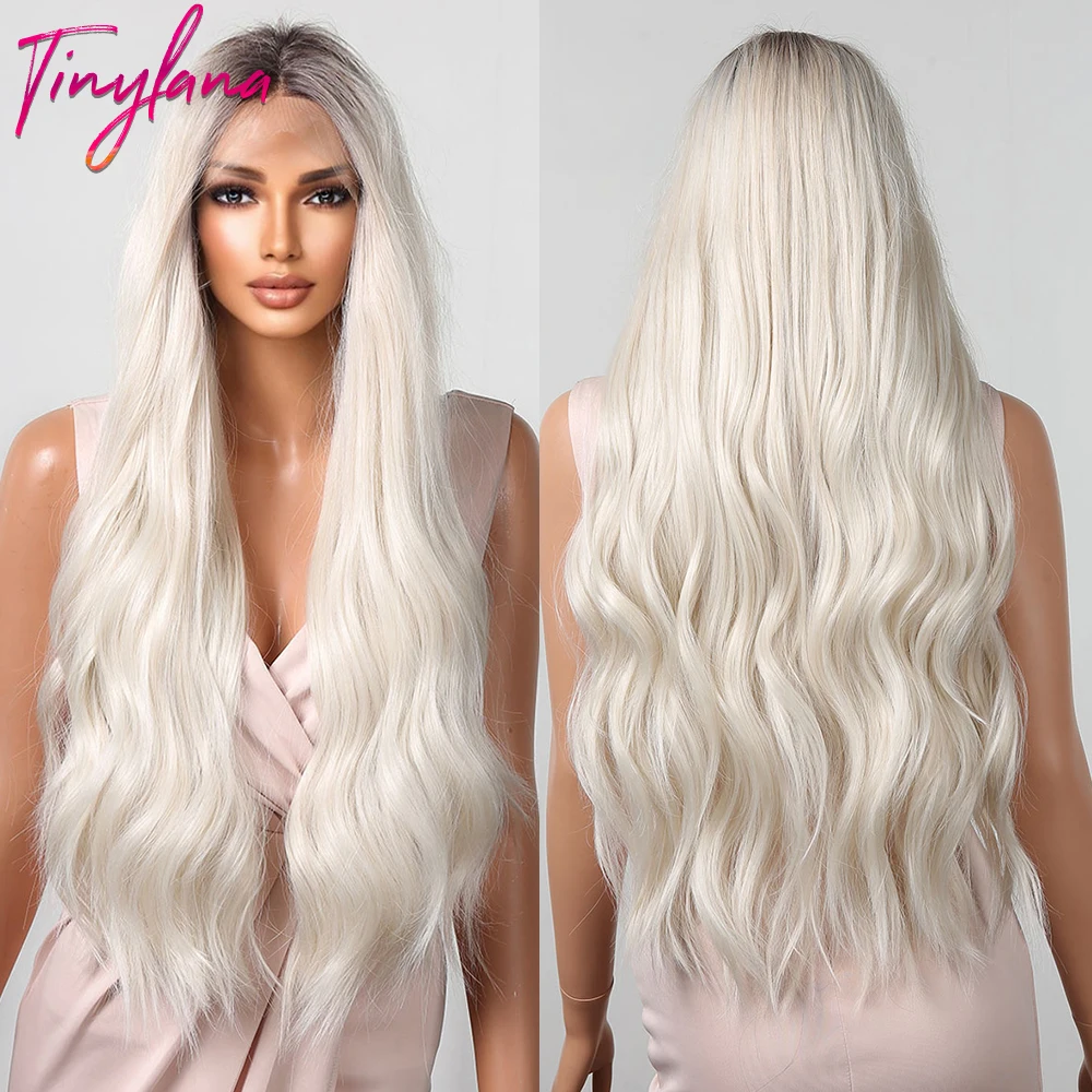

Long Synthetic Lace Wig Platinum Wavy Transparent Lace Front Wigs with Dark Roots for Women Heat Resistant Cosplay Natural Hair