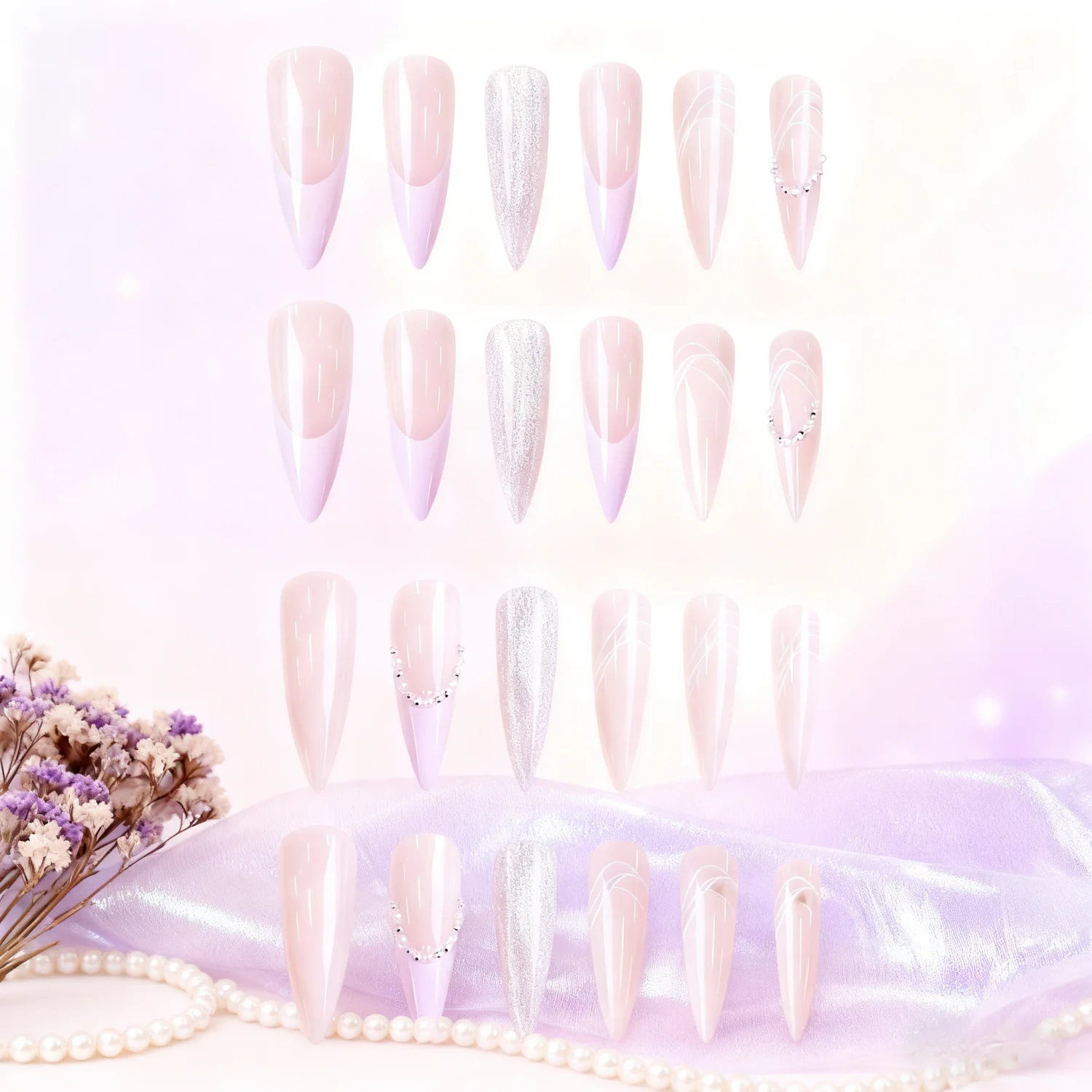 

24 шт. Перламутровые кошачьи глаза Накладные ногти Носимые французские жемчужные длинные накладные ногти на шпильках INS Корейский стиль Пресс на готовом кончике ногтя