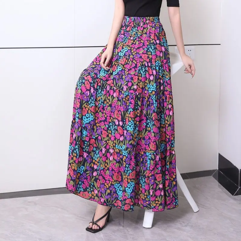 Spring Summer Sweet Floral Printed Maxi Long Chiffon Skirts Elastic Waist Flowers A-line Cakee Pleated Ankle Long Boho Skirts