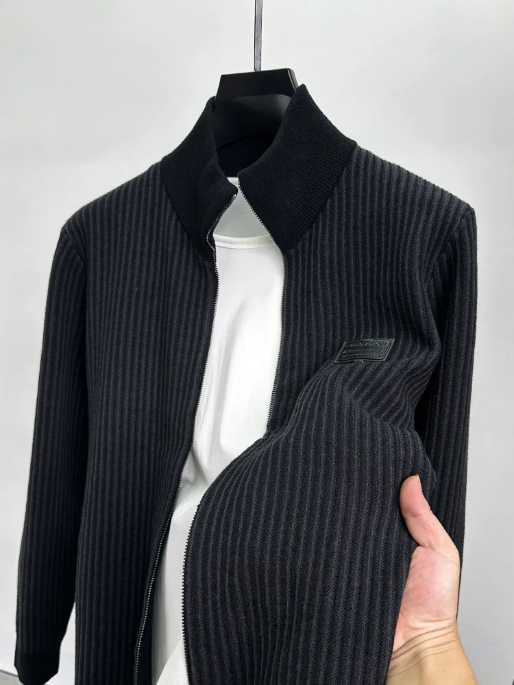 

Мужской вязаный свитер-кардиган премиум-класса с двойной молнией, приталенный, с утолщенным воротником-стойкой, для осени и зимы