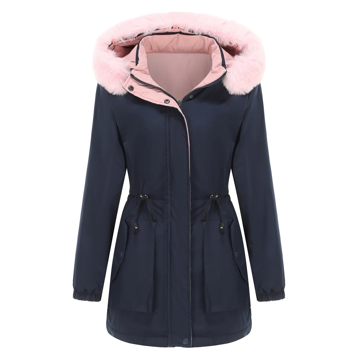 2024 Women Winter Jacket Two Sided Warm Cotton Jacket Detachable Cap Long Sleeved Zipper Thick Cotton Jacket Fur Collar Parkas