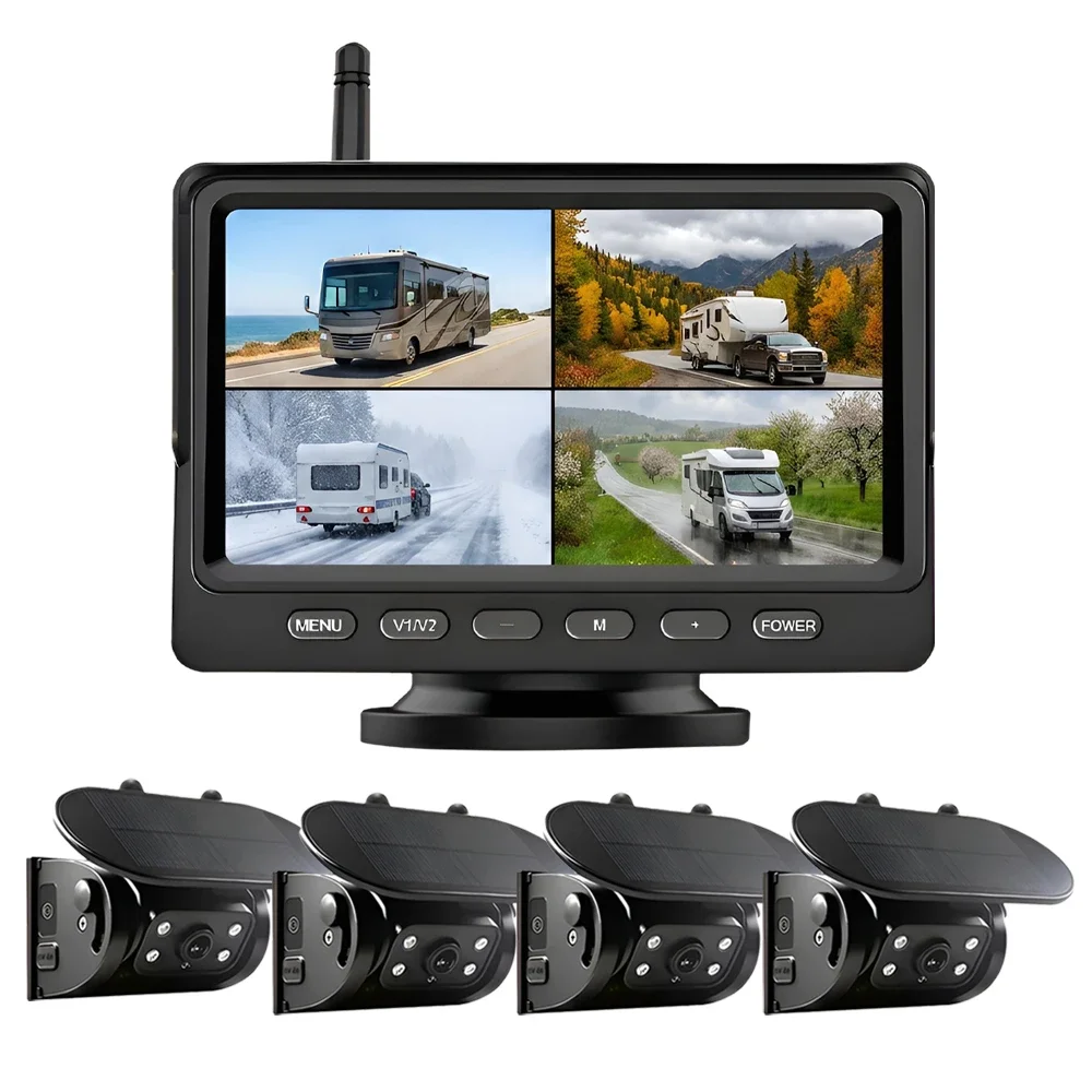 Solar Wireless Backup Camera Kit 4 Channel 5 Inch DVR Car Monitor AI BSD Blind Spot Detection Warning Magnetic for RV Truck