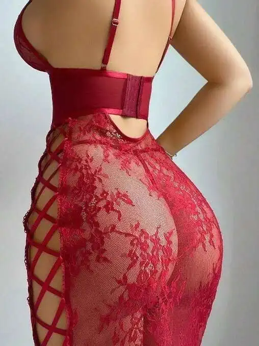 Transparentes Kleid mit Blumenstickerei, Spitze, Netzstoff, rückenfrei, tiefer V-Hosenträger, ärmellos, Wickel-Hüftkleid, elegant, charmant, lässig, 6CDT