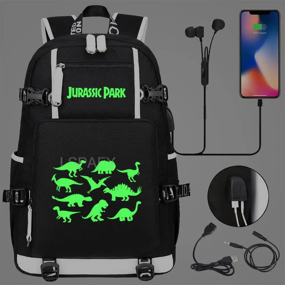 Luminous Cartoon Jurassic Park Dinosaur USB Children School bag Teenagers Student Schoolbags Women Men Backpack